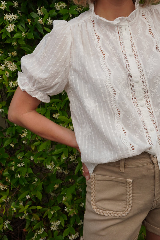 Blouse à col froufrou Elise - Blanc