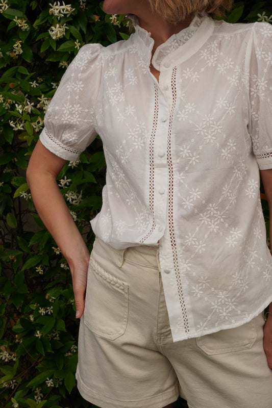 Blouse à col et à fleurs Eva - Blanc
